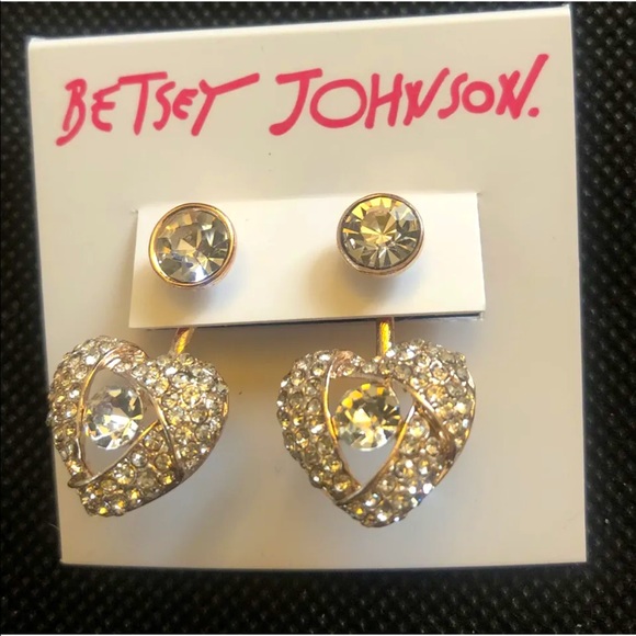 Betsey Johnson Rose Gold Tone Heart Front Back Crystal Encrusted Drop Earrings - Picture 1 of 10